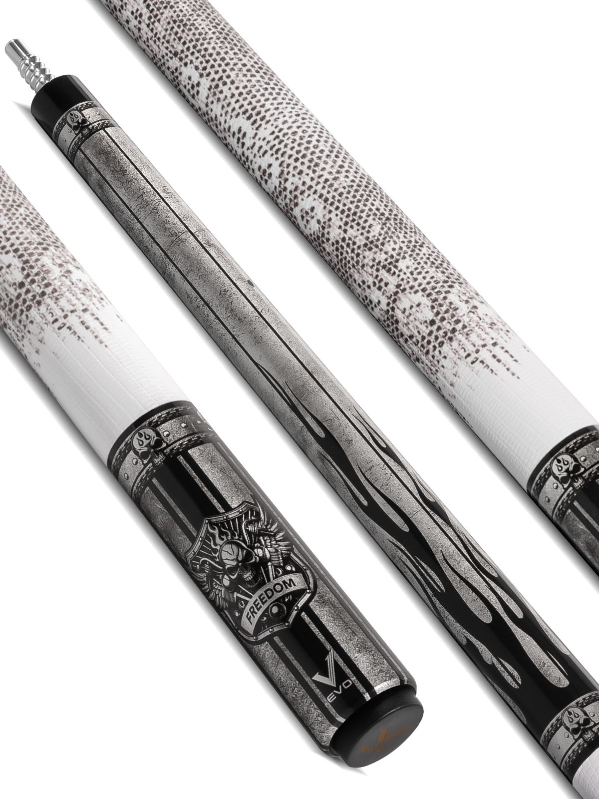EVO FREEDOM POOL CUE - SHADOW FLAME - WHITE LEATHER WRAP