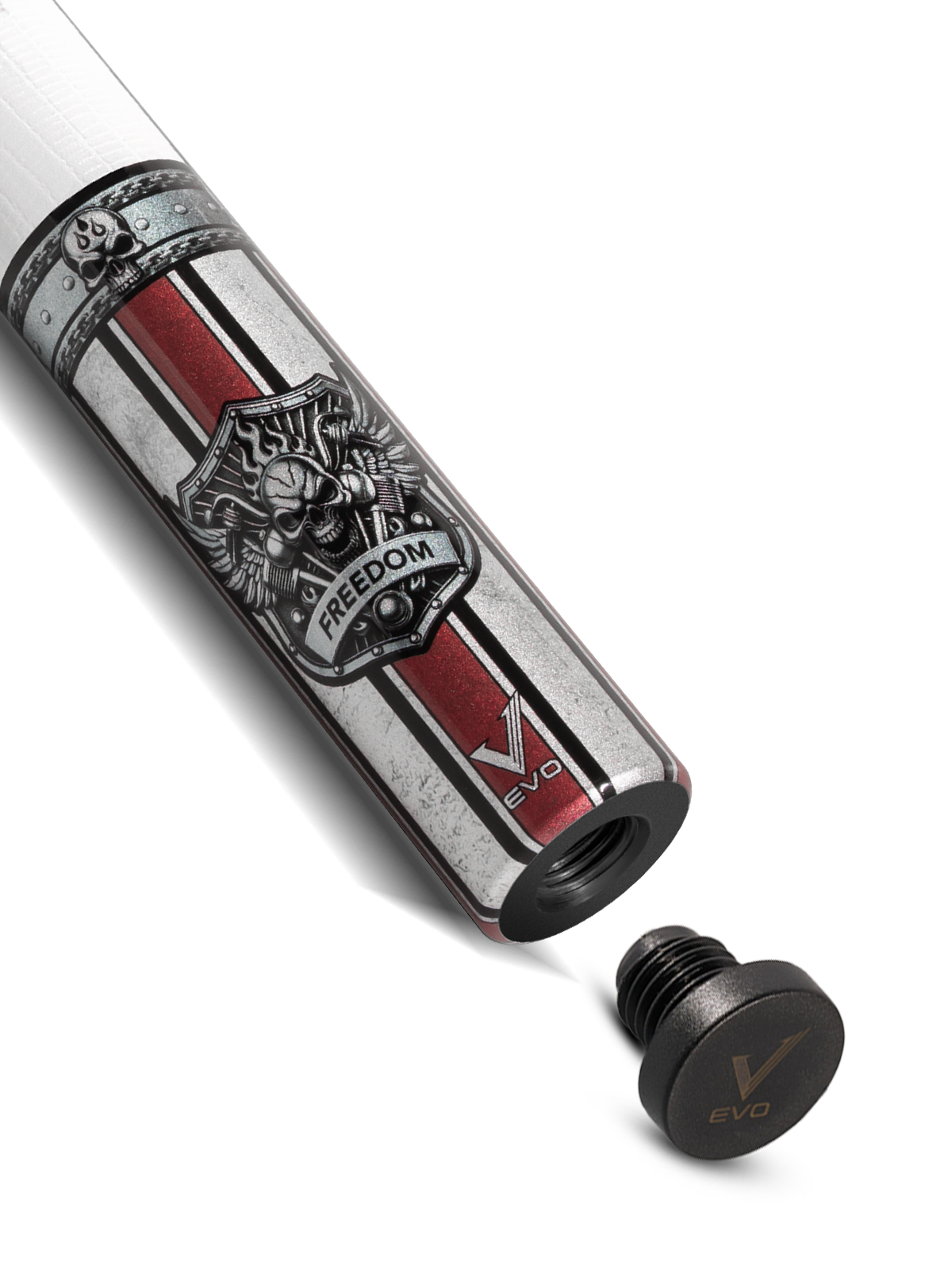 EVO FREEDOM POOL CUE - CRIMSON FLAME - WHITE LEATHER WRAP