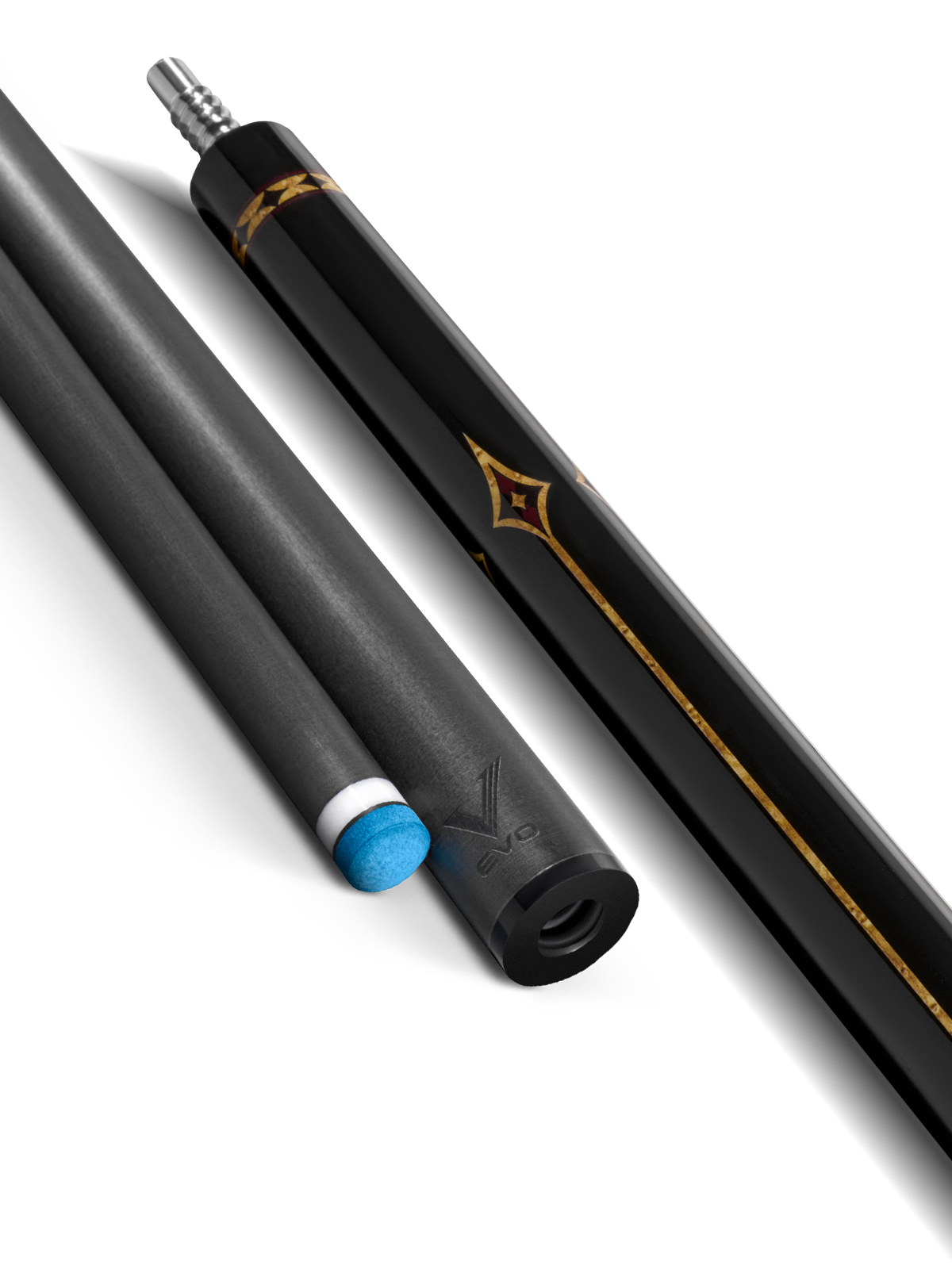 EVO CROWN POOL CUE - ROYAL BLACK - WHITE LEATHER WRAP