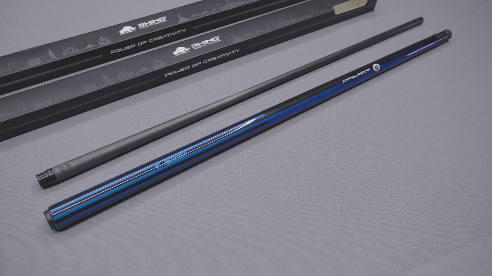 Load video: RHINO KOMET II Break Cue - Black &amp; Blue